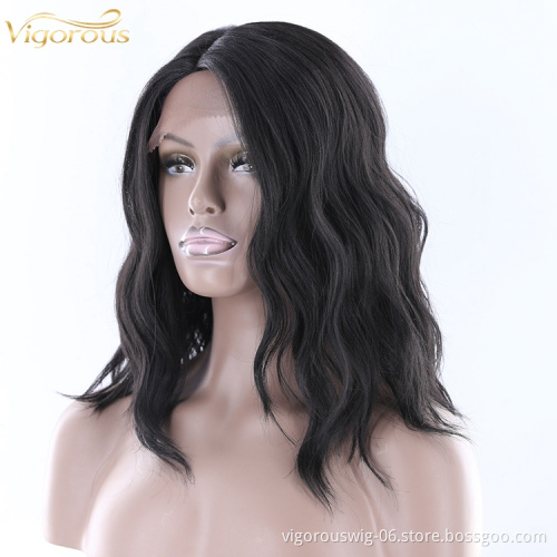 Vigorous quality free part deep wave curly short black realistic pre plucked lace front heat resistant synthetic blend wig